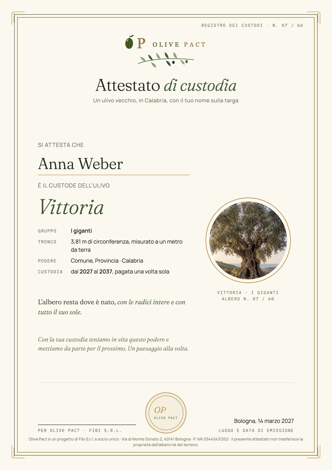 L'attestato di custodia, esempio