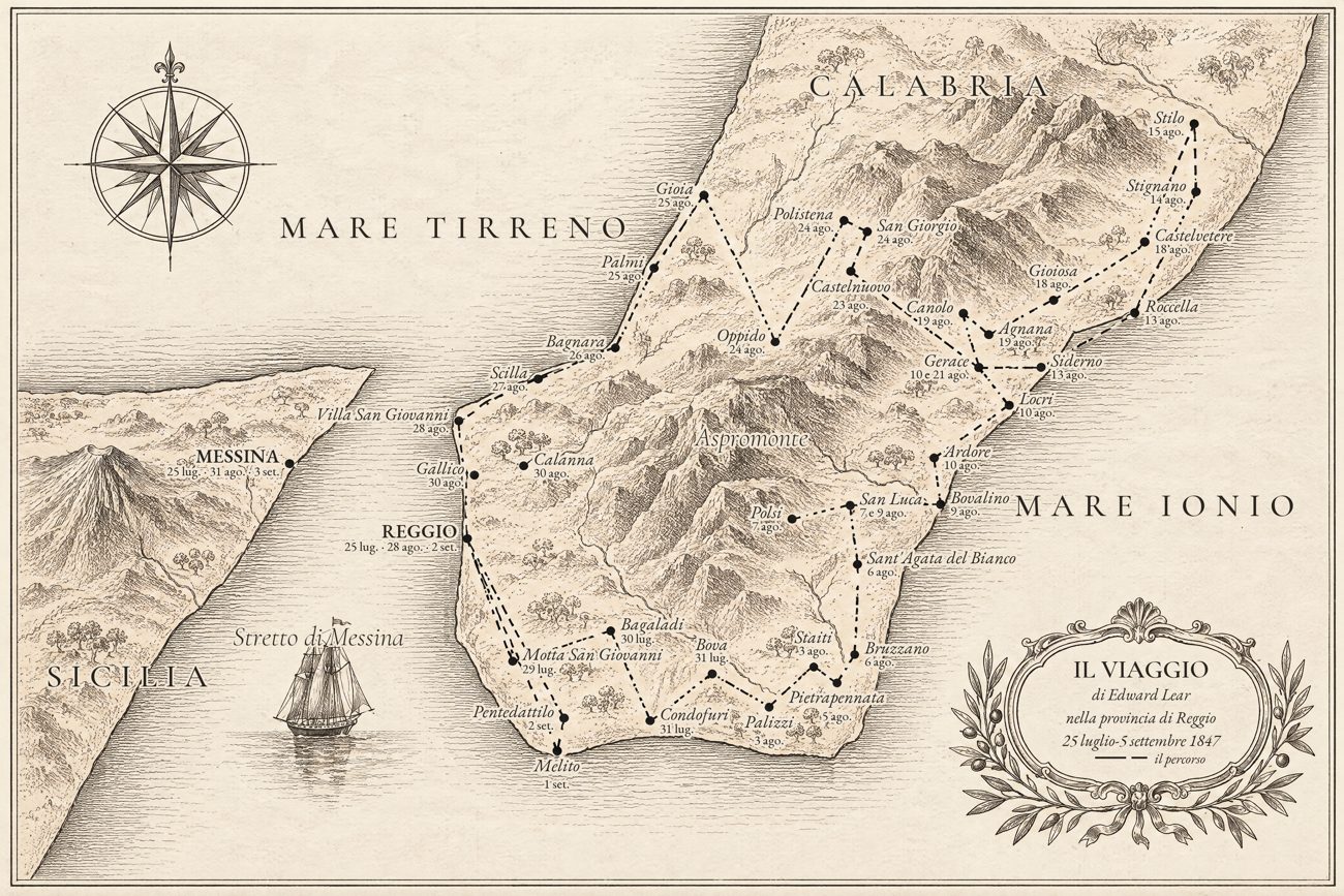 The map of Edward Lear's journey in Calabria, with stops and dates